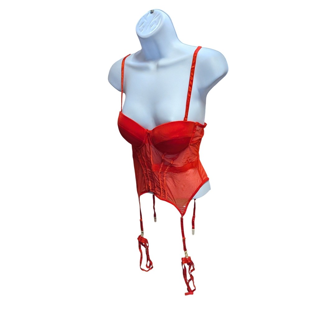 Red Mesh Bustier Corset Top with Garter Straps Underwire Sweetheart Lingerie
